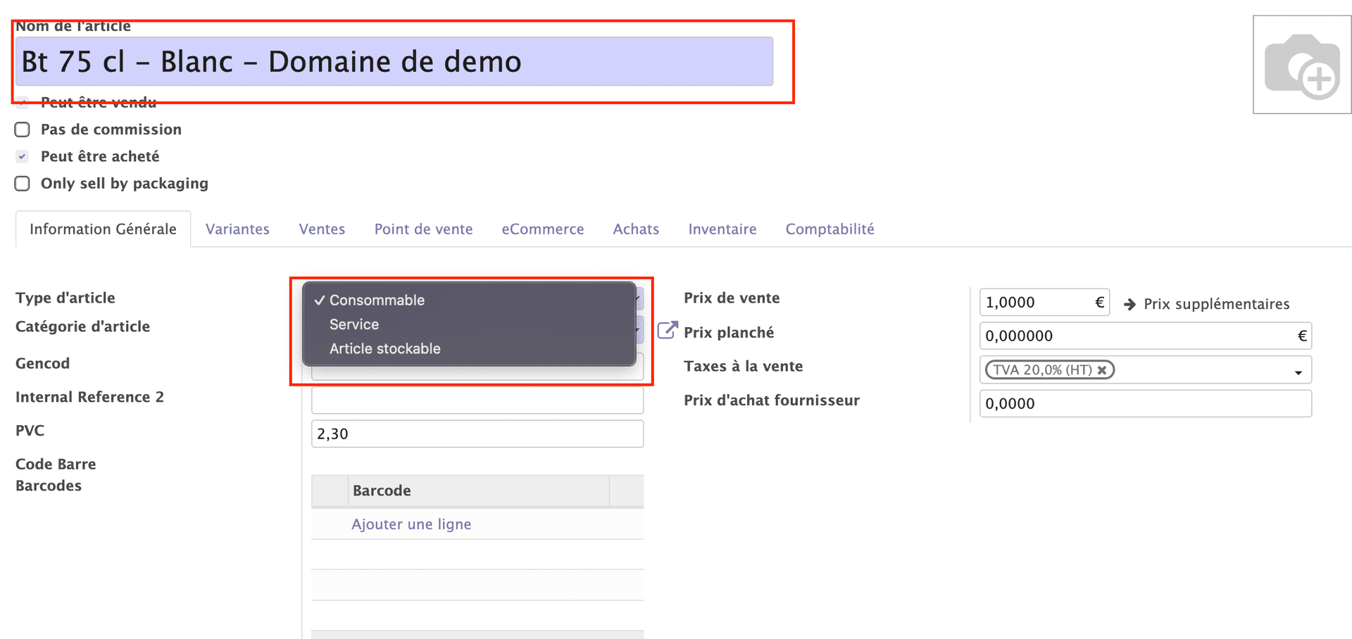 Sélection du type de produit