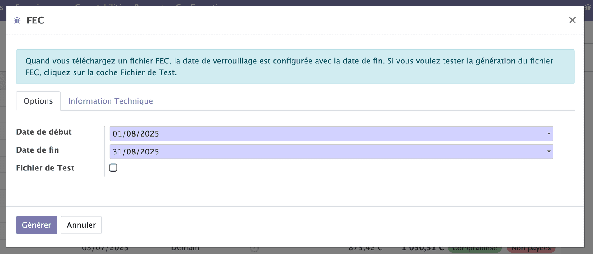 Formulaire d'export FEC