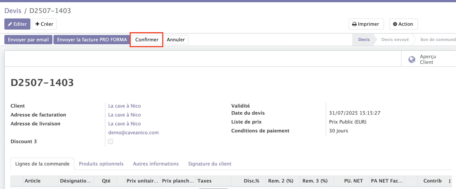 Confirmation du bon de commande Négoce